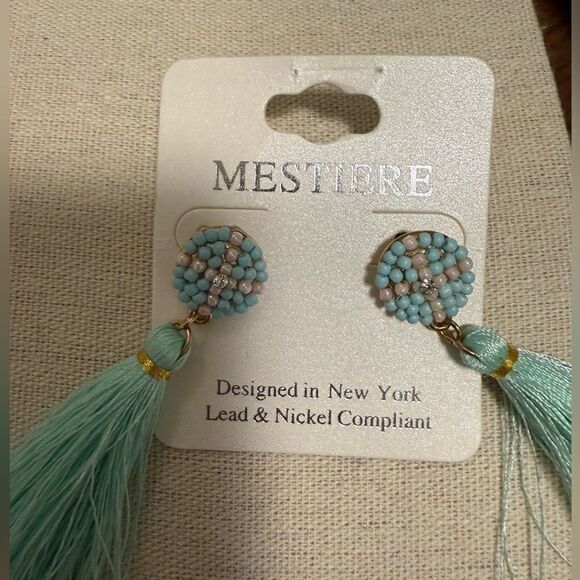 NWT Mestiere Silk Tassel earrings with Post Back. Mint color with Beaded Cap. - Picture 4 of 4